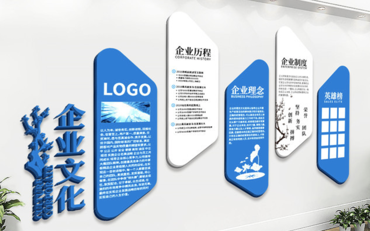 企業(yè)文化墻創(chuàng)意設(shè)計效果圖(圖2) 藍色公司企業(yè)發(fā)展歷程文化墻